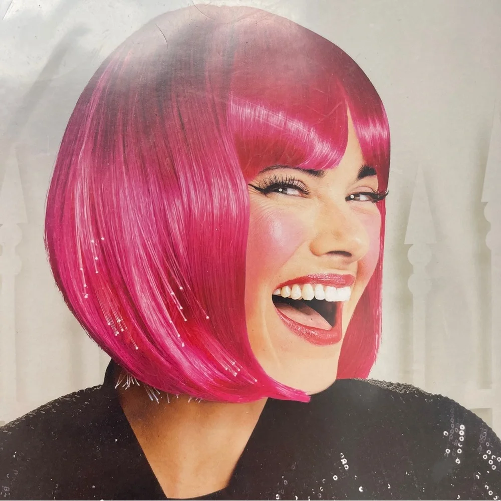 Light Up Bright Hot Pink Bob Hair Wig, Halloween Costume, with bangs chin length - Picture 3 of 6
